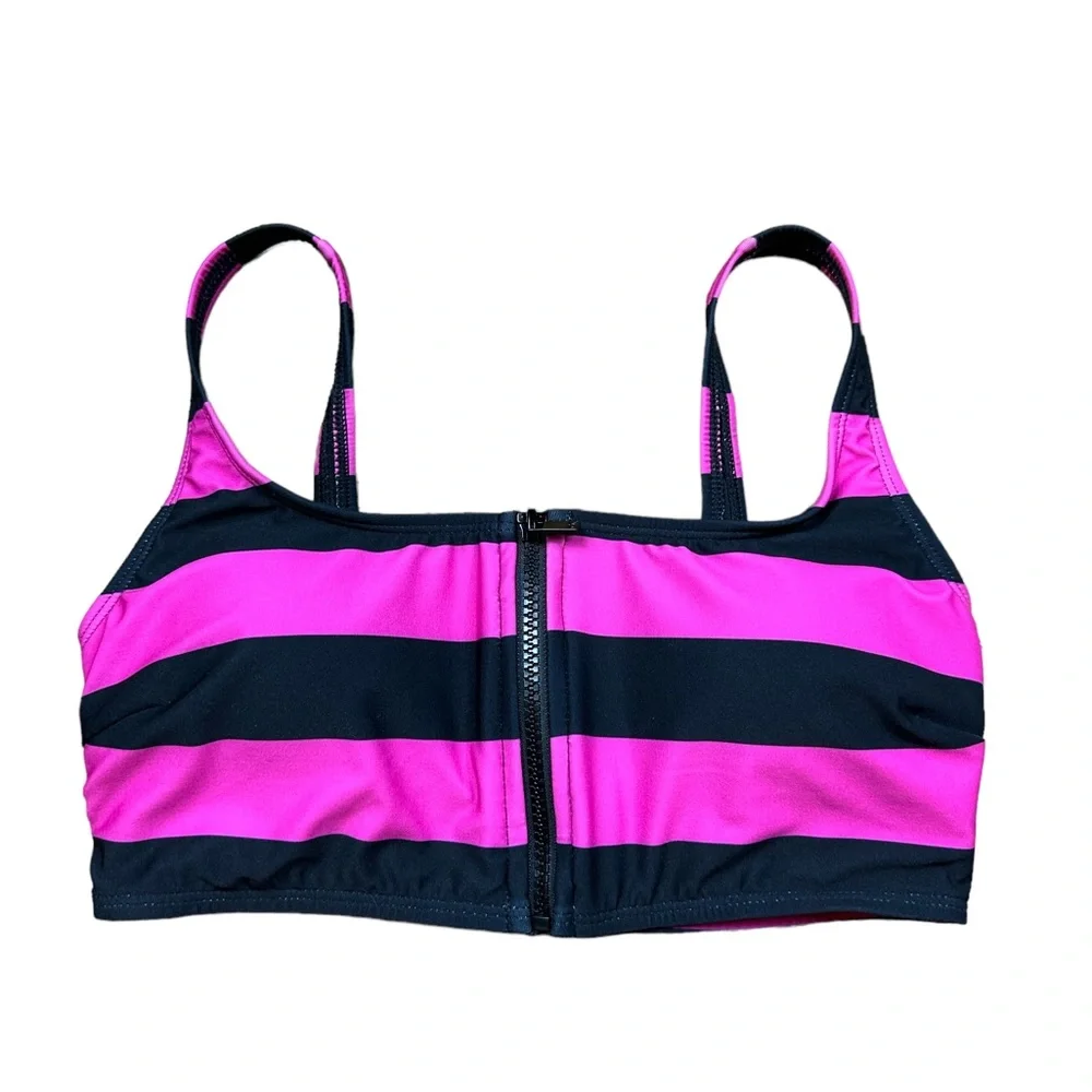 MICHAEL KORS: NWT Zip Front Pink Black Striped Bikini -Size Small